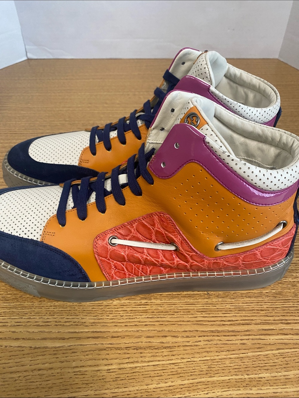Gucci Men's High-Top Sneakers in Orange, White, Navy & Pink